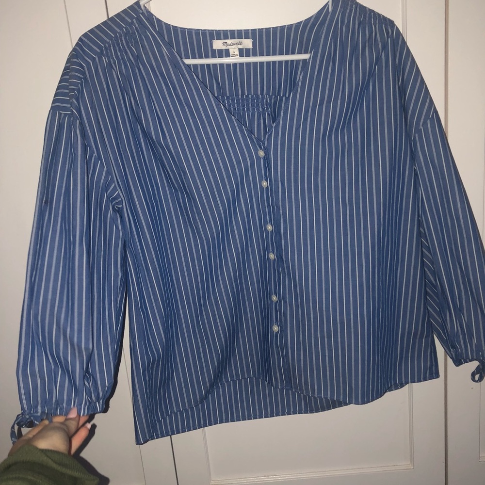 blue and white striped, button down top